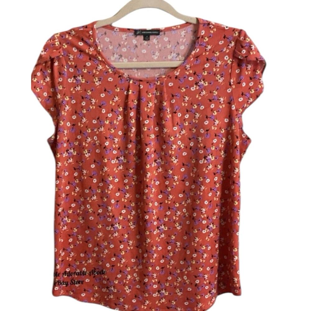Adrianna Papell Top Women's Orange Floral Knit Tulip‎ Cap Sleeve Stretch Size M
